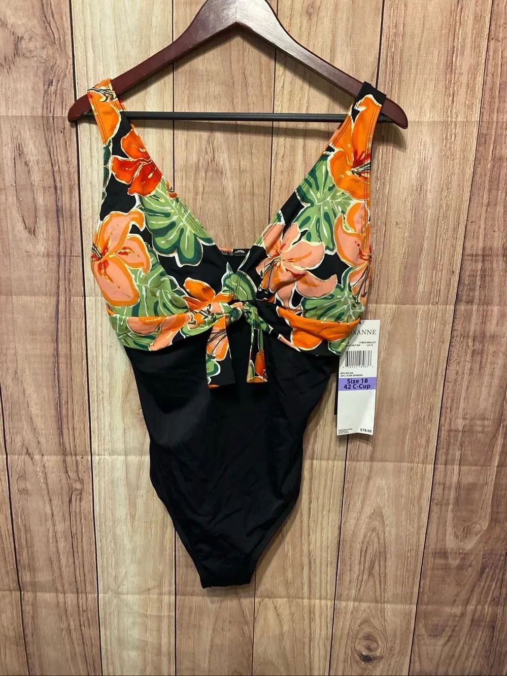 Roxanne size 18 42C NWT V-neck one piece swimsuit black orange Maillot